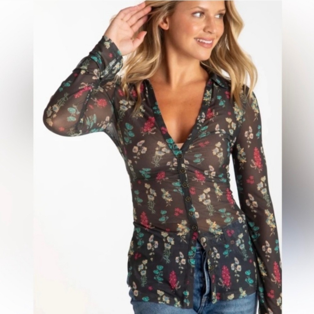 Natural Life Carina Black Floral Mesh Long Sleeve Button V Neck Top XL Festival
